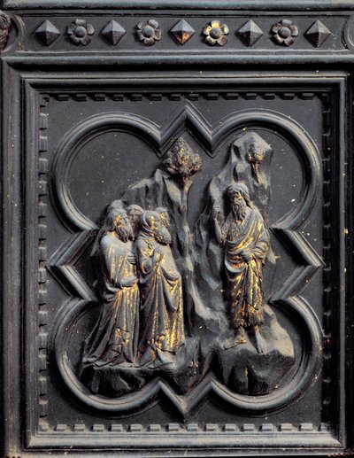 San Giovanni Battista predica ai farisei, settimo pannello delle porte sud del Battistero di San Giovanni, 1336 da Andrea Pisano